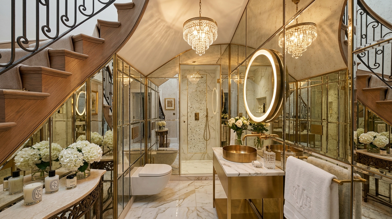Glamorous small bathroom with mirrored walls and a crystal mini-chandelier under the slope. Glamorous small bathroom with mirrored walls and a crystal mini-chandelier under the slope.