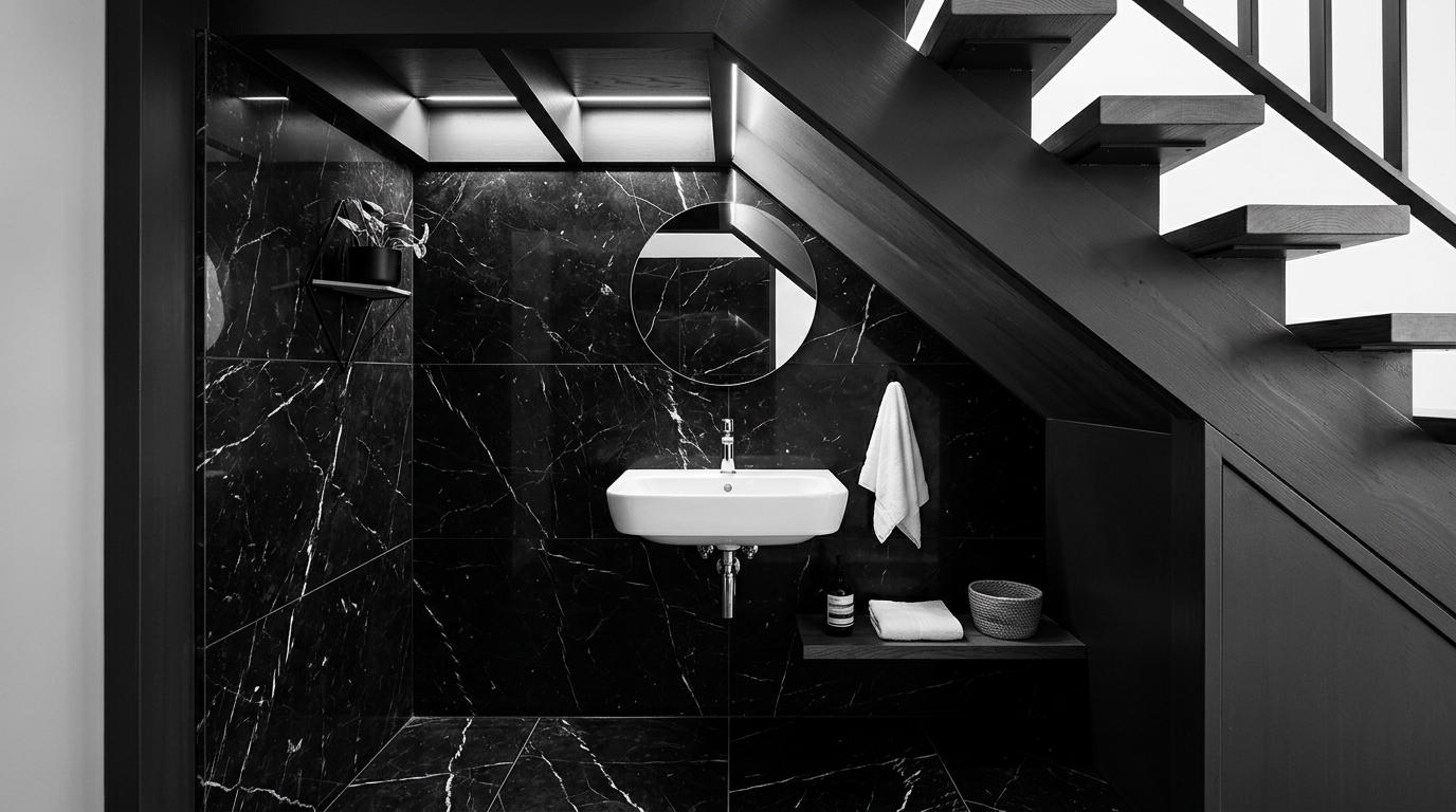 Monochrome powder room design with black marble walls and white porcelain fixtures. Monochrome powder room design with black marble walls and white porcelain fixtures.
