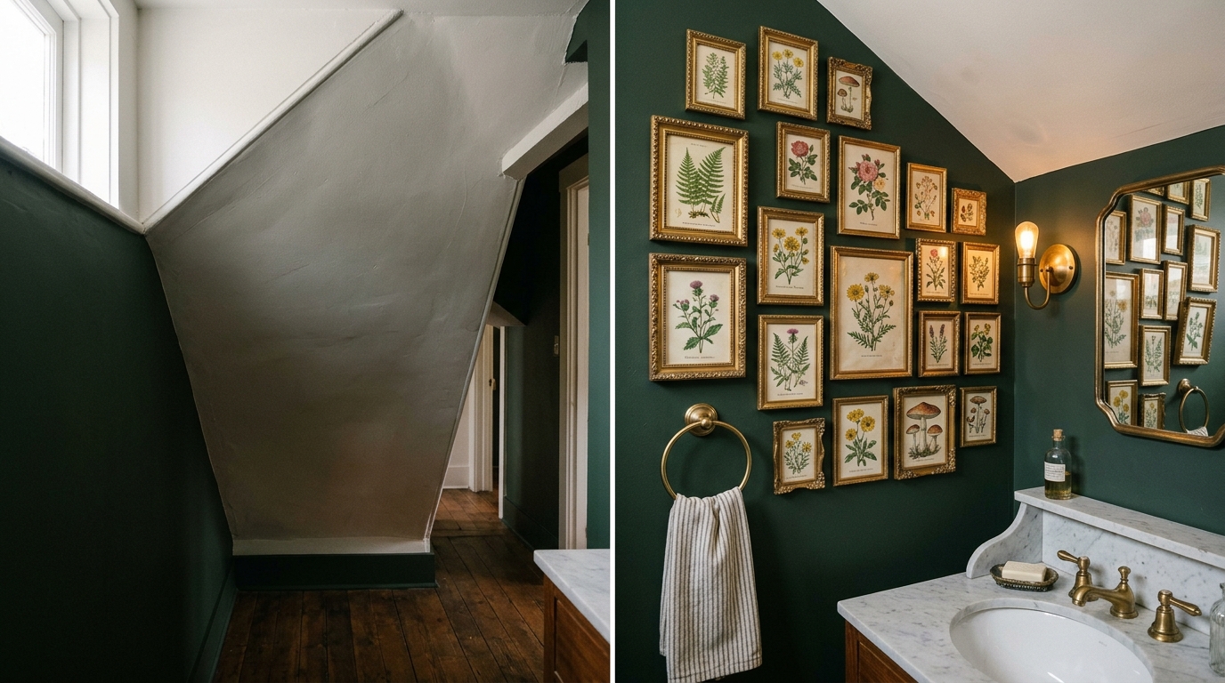Creative under stairs toilet ideas featuring a gallery wall of miniature vintage botanical prints. Creative under stairs toilet ideas featuring a gallery wall of miniature vintage botanical prints.