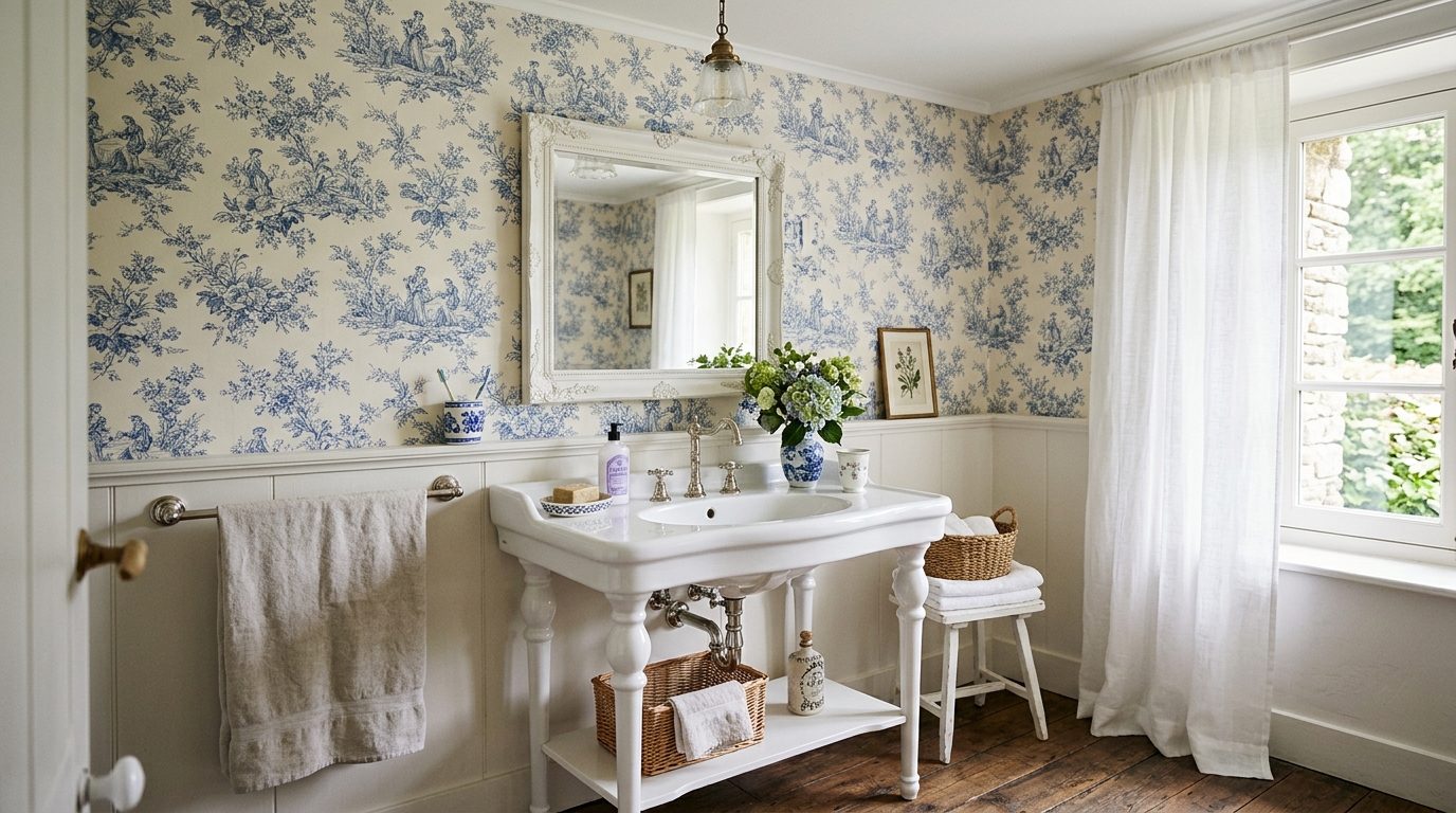 French Country powder room with toile wallpaper and a petite porcelain washstand. French Country powder room with toile wallpaper and a petite porcelain washstand.