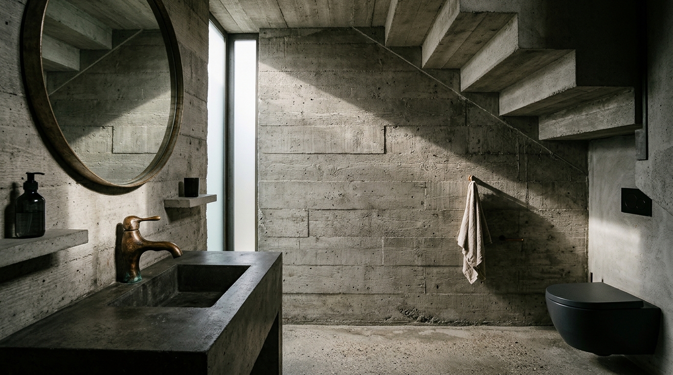 Brutalist under stairs bathroom with raw concrete walls and a sculptural bronze faucet. Brutalist under stairs bathroom with raw concrete walls and a sculptural bronze faucet.