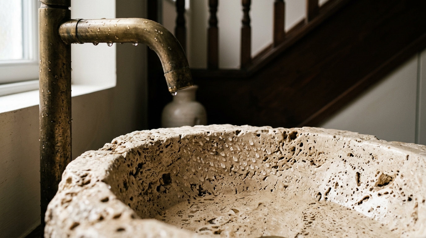 Close-up of a honed travertine vessel sink with an unlacquered brass wall-mounted faucet in a moody powder room. Close-up of a honed travertine vessel sink with an unlacquered brass wall-mounted faucet in a moody powder room.