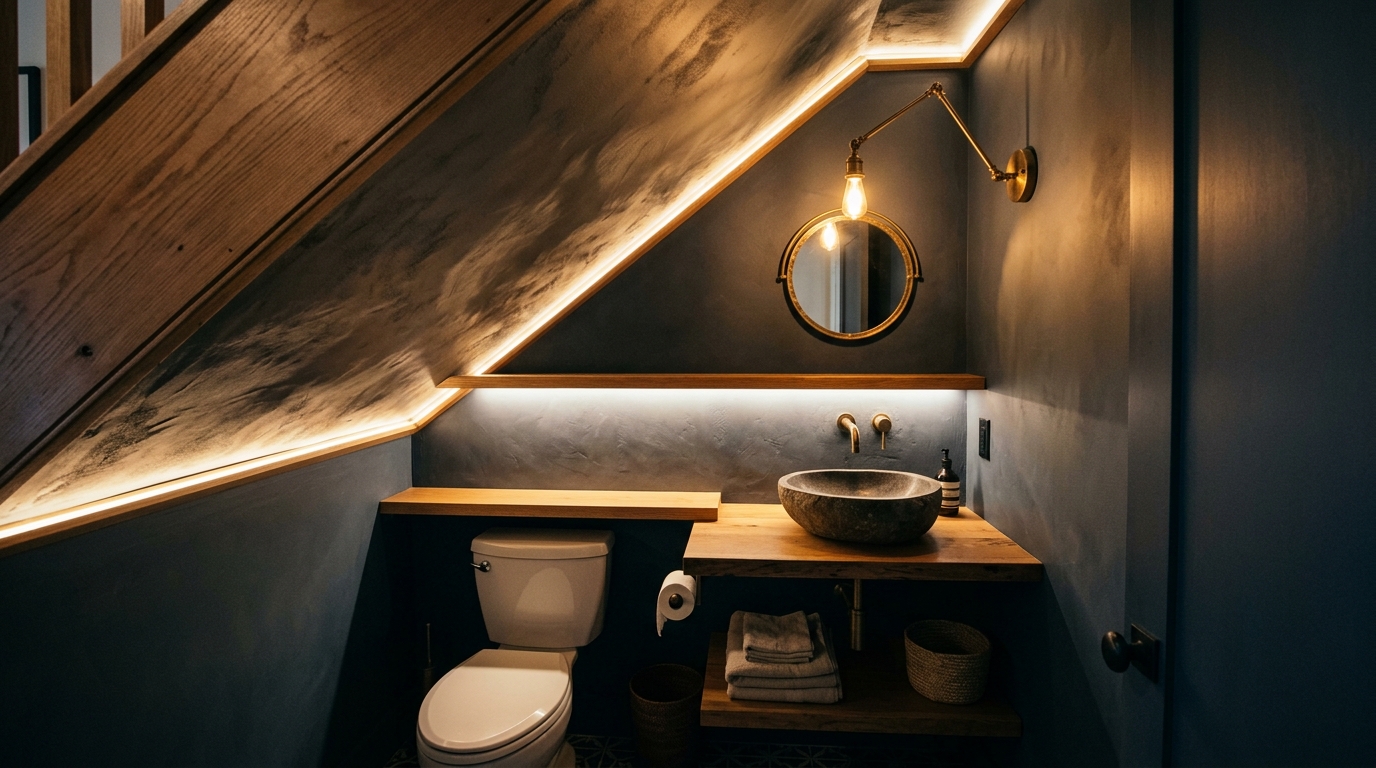 Atmospheric lighting design in a powder room under stairs showing the soft glow of 2700K LEDs along architectural lines. Atmospheric lighting design in a powder room under stairs showing the soft glow of 2700K LEDs along architectural lines.