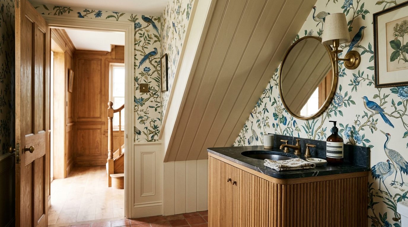A stylish guest powder room under a staircase with fluted wood vanity and moisture-resistant chinoiserie wallpaper. A stylish guest powder room under a staircase with fluted wood vanity and moisture-resistant chinoiserie wallpaper.