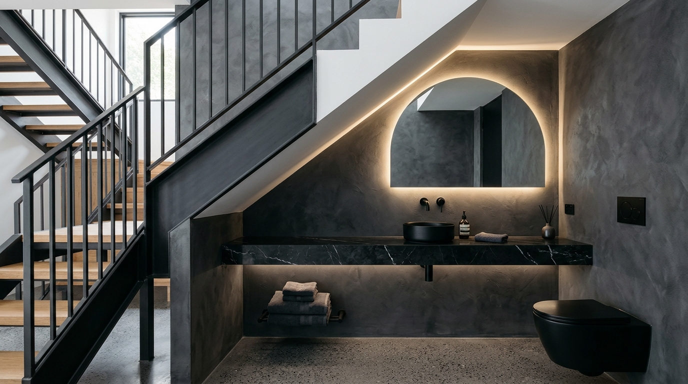 Modern half bath under staircase with charcoal limewash walls and a floating marble vanity shelf. Modern half bath under staircase with charcoal limewash walls and a floating marble vanity shelf.