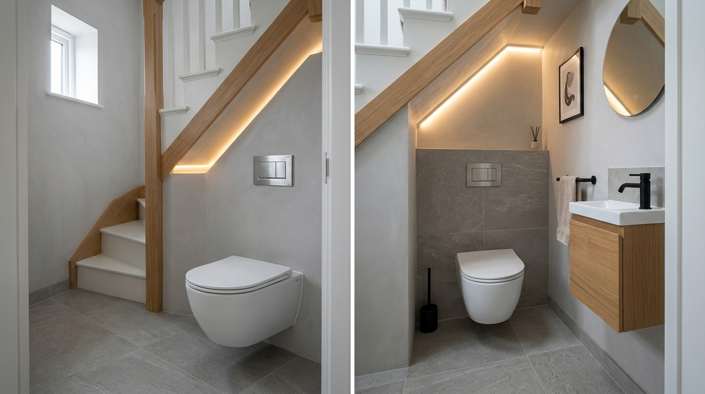 Small under stairs bathroom featuring a sleek wall-hung toilet and minimalist black hardware. Small under stairs bathroom featuring a sleek wall-hung toilet and minimalist black hardware.