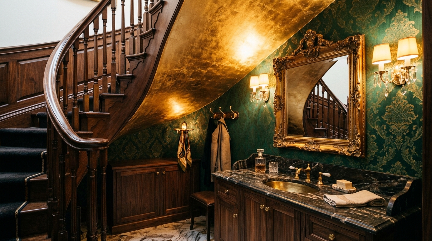 Luxury cloakroom design with gold leaf ceiling and vintage mirror in a compact staircase cavity. Luxury cloakroom design with gold leaf ceiling and vintage mirror in a compact staircase cavity.