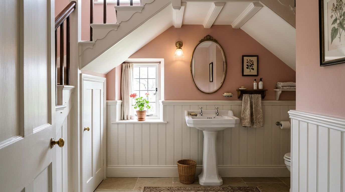 Traditional powder room under stairs with beadboard paneling and a pedestal sink in Farrow and Ball Setting Plaster. Traditional powder room under stairs with beadboard paneling and a pedestal sink in Farrow and Ball Setting Plaster.