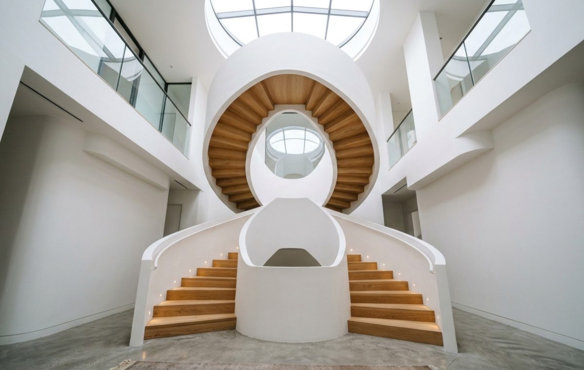 Sculptural white spiral staircase with oak treads in a modern penthouse, showcasing vertical scale and kendall roy succession apartment for sale decor ideas.