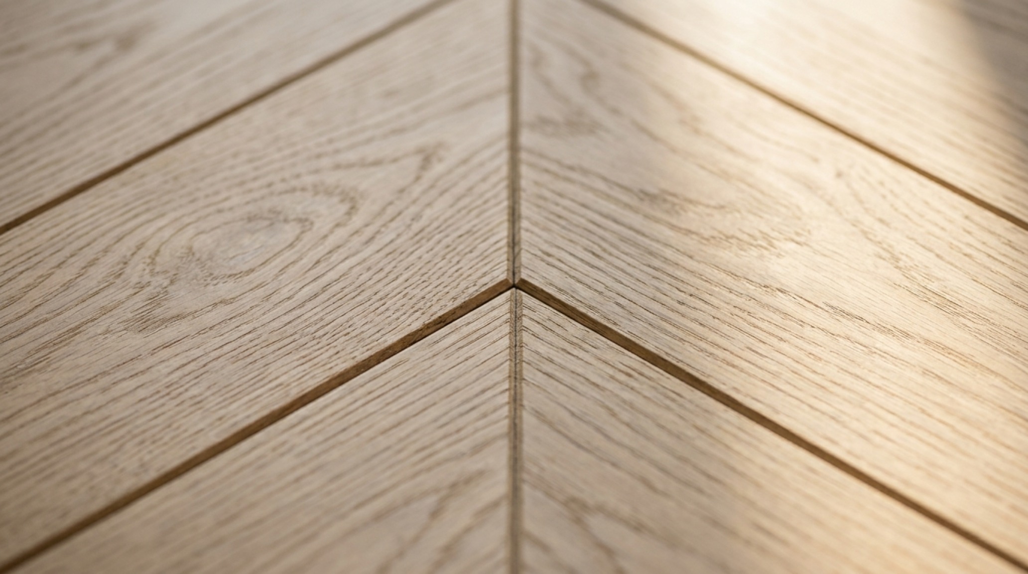 Detail shot of chevron-patterned Austrian white oak flooring meeting a minimalist baseboard.