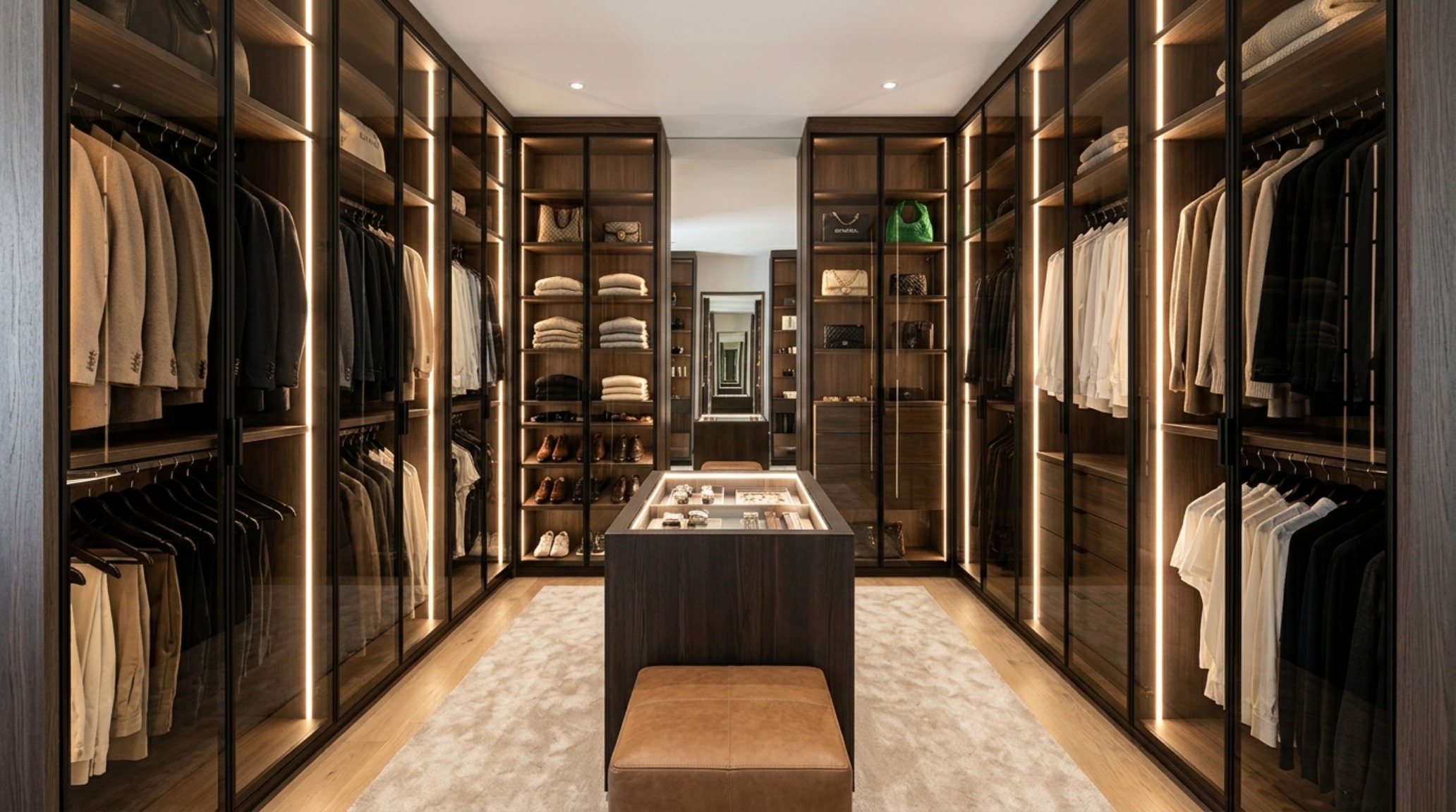 A bespoke walk-in closet with integrated LED strip lighting at 3000K and smoked glass partitions.