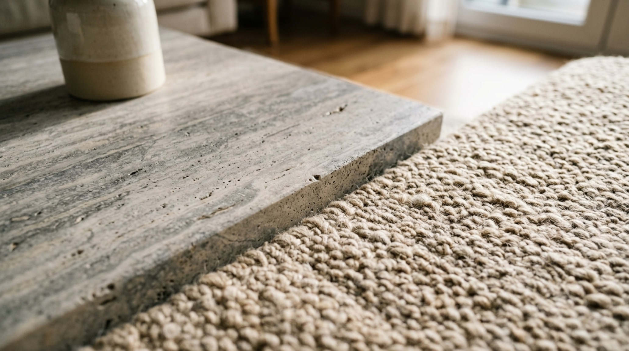 Close-up of a honed silver travertine coffee table and textured wool rug, illustrating quiet luxury material choices in a high-end urban apartment.