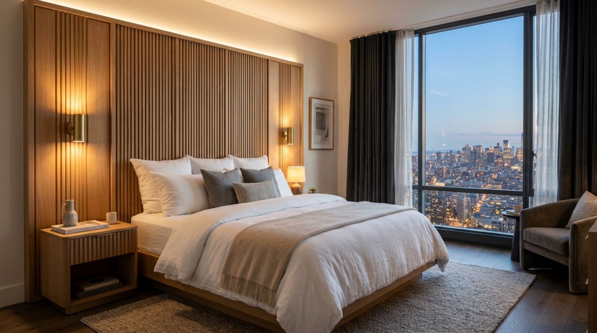 Modern bedroom with 2700K warm ambient lighting, fluted oak wall panels, and high CRI task lighting typical of the Kendall Roy aesthetic.