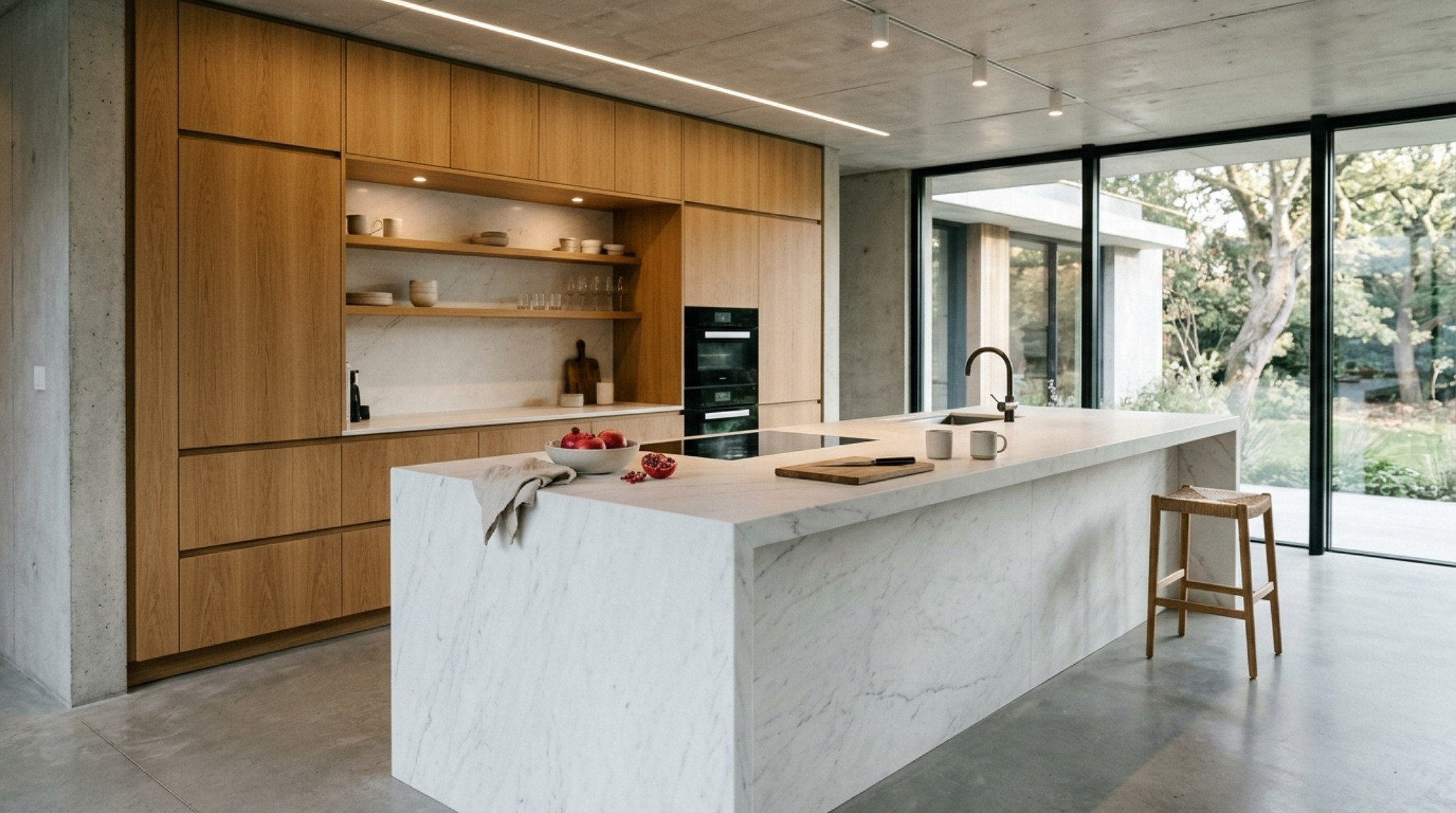 Minimalist kitchen featuring honed marble island and handle-less oak cabinetry with clean architectural lines.