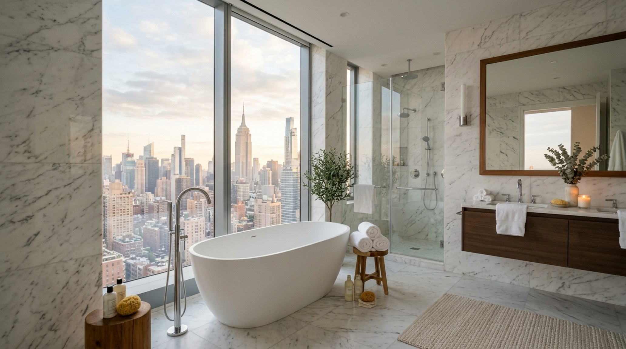Primary bathroom with a freestanding soaking tub against a wall of book-matched stone and panoramic city views.