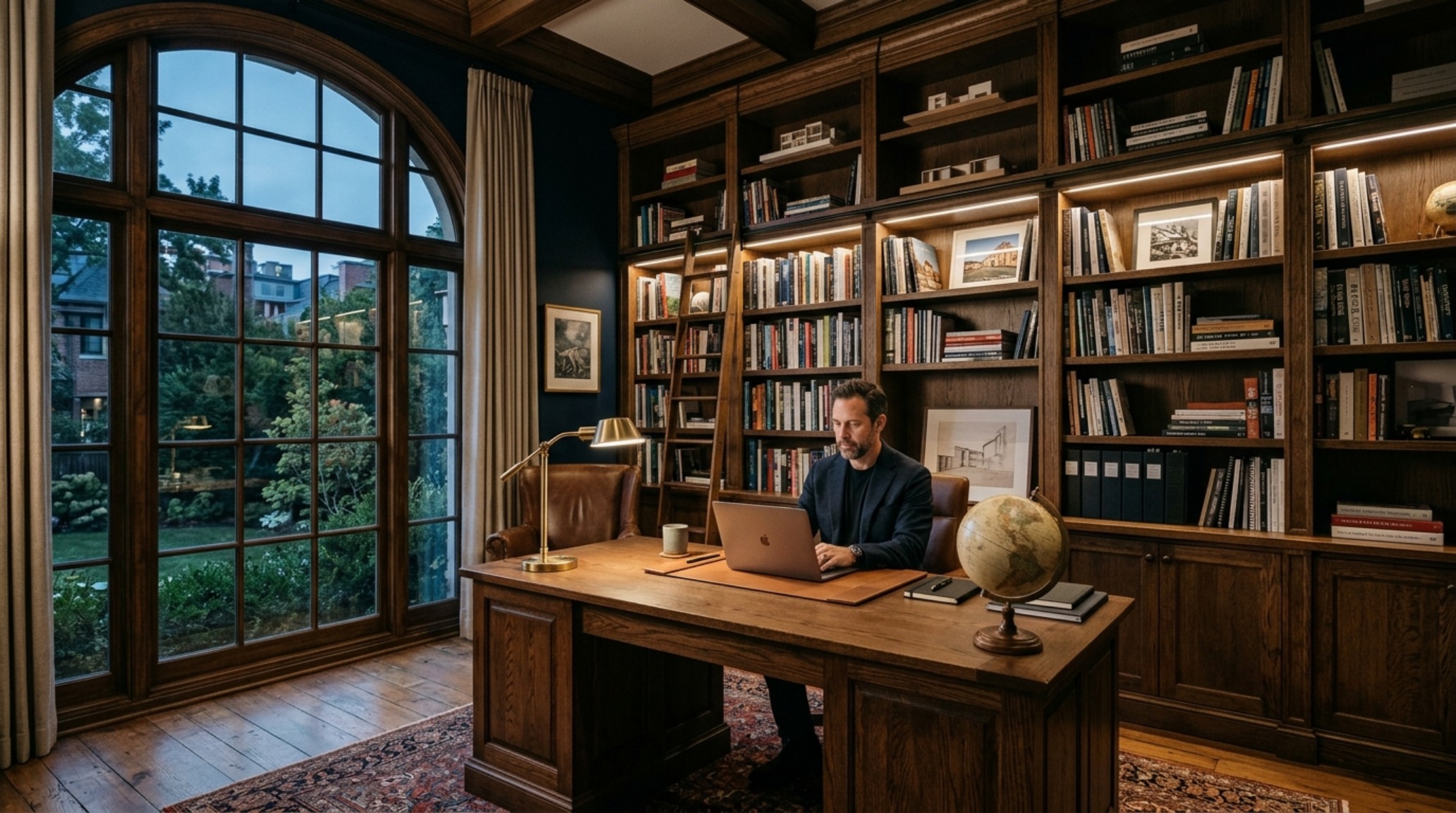 Executive home office with a heavy timber desk, leather task chair, and expansive vertical shelving solutions.