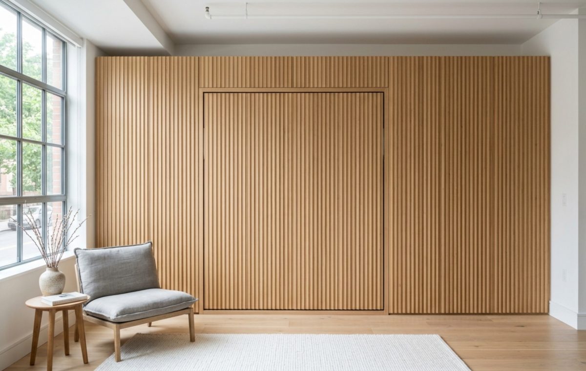 hidden beds for studio apartments integrated into floor-to-ceiling white oak cabinetry with soft-close mechanisms and integrated LED task lighting