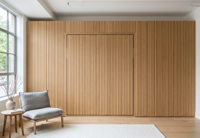hidden beds for studio apartments integrated into floor-to-ceiling white oak cabinetry with soft-close mechanisms and integrated LED task lighting