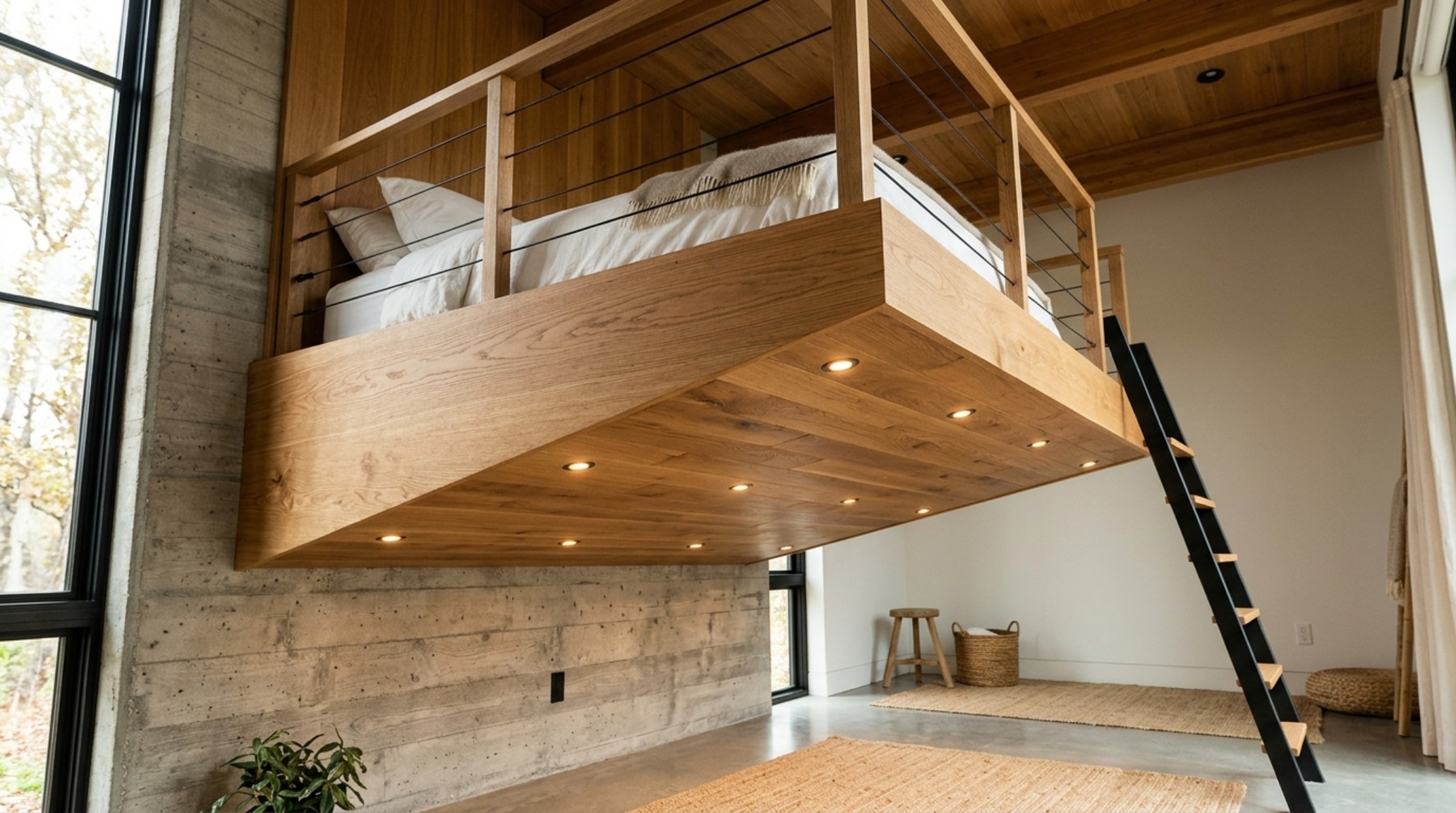 elevated sleeping platform designs with integrated library shelving and a glass safety rail to maintain open sightlines in a studio elevated sleeping platform designs with integrated library shelving and a glass safety rail to maintain open sightlines in a studio