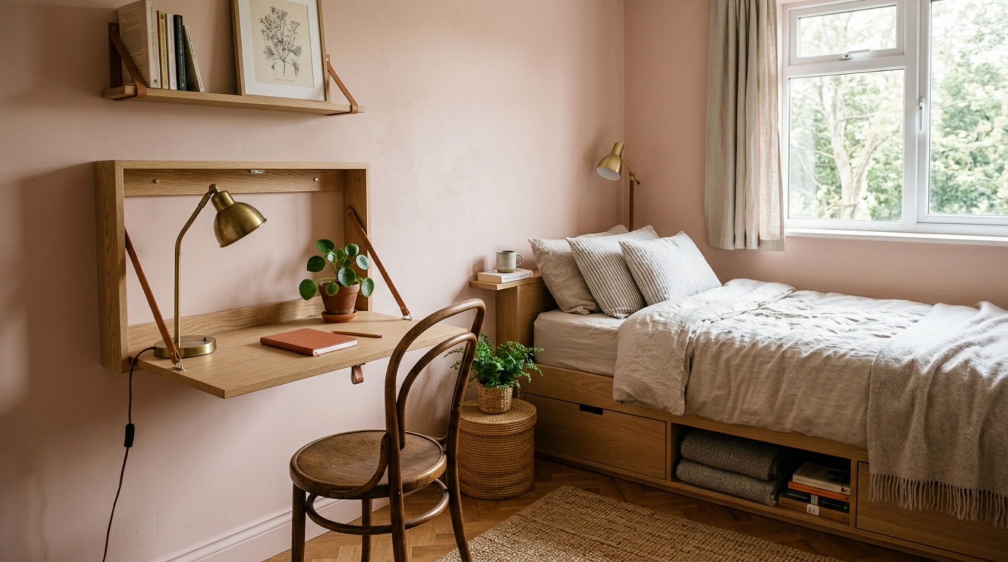 compact bedroom furniture for small spaces including a wall-mounted nightstand and a 2700K warm ambient reading light with high CRI compact bedroom furniture for small spaces including a wall-mounted nightstand and a 2700K warm ambient reading light with high CRI