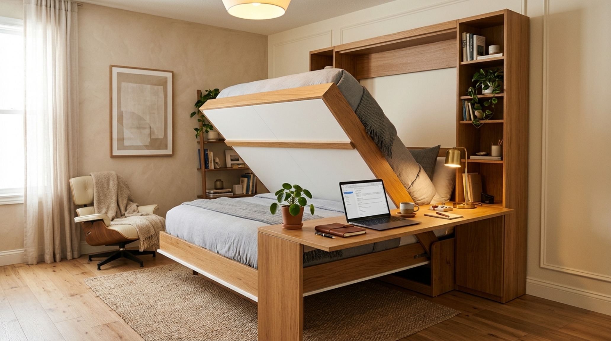 multi-functional guest bed solutions featuring a self-leveling desk that remains horizontal as the bed lowers in a warm, minimalist home office multi-functional guest bed solutions featuring a self-leveling desk that remains horizontal as the bed lowers in a warm, minimalist home office