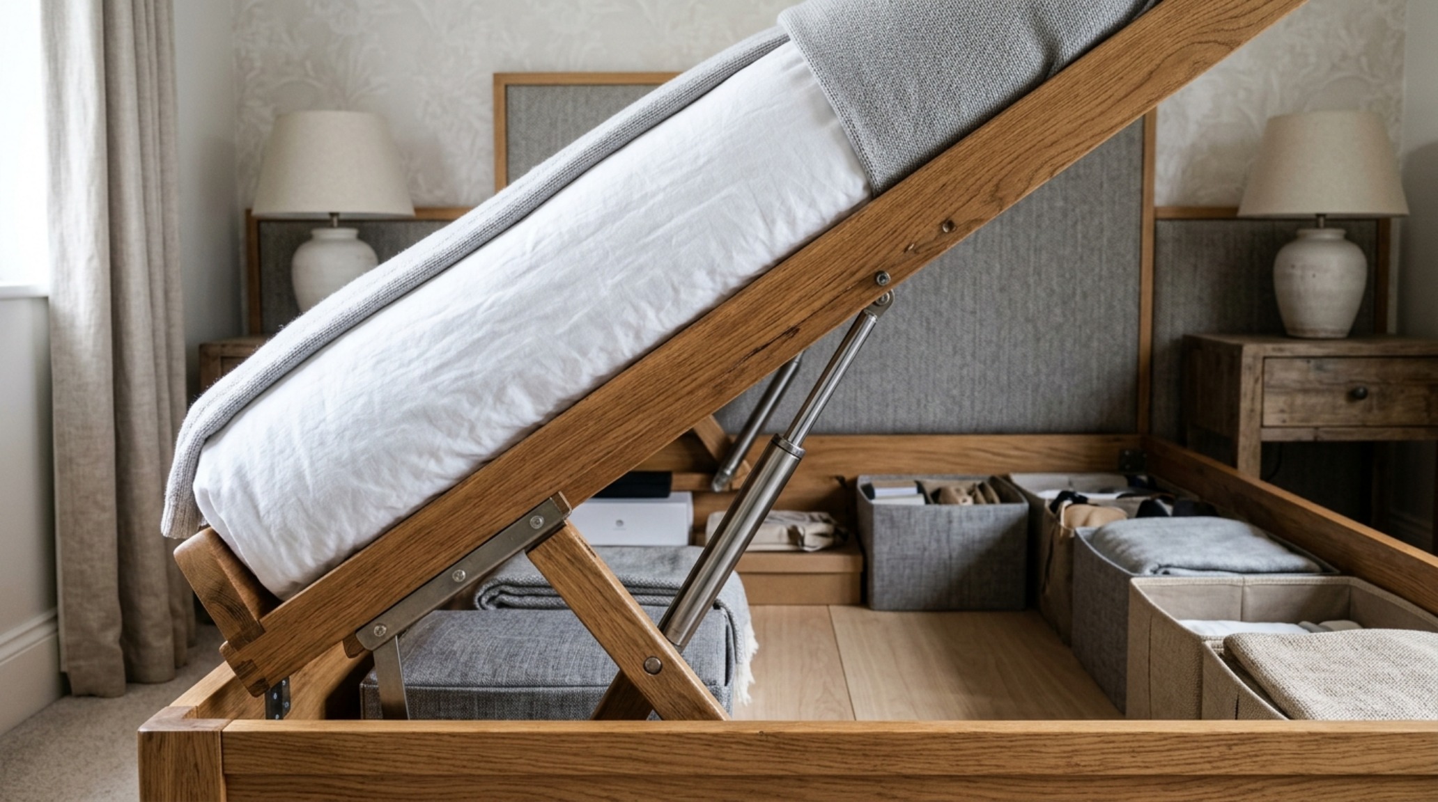 built-in storage bed frames with a hydraulic lift system revealing expansive storage for linens under a neutral linen-covered mattress built-in storage bed frames with a hydraulic lift system revealing expansive storage for linens under a neutral linen-covered mattress
