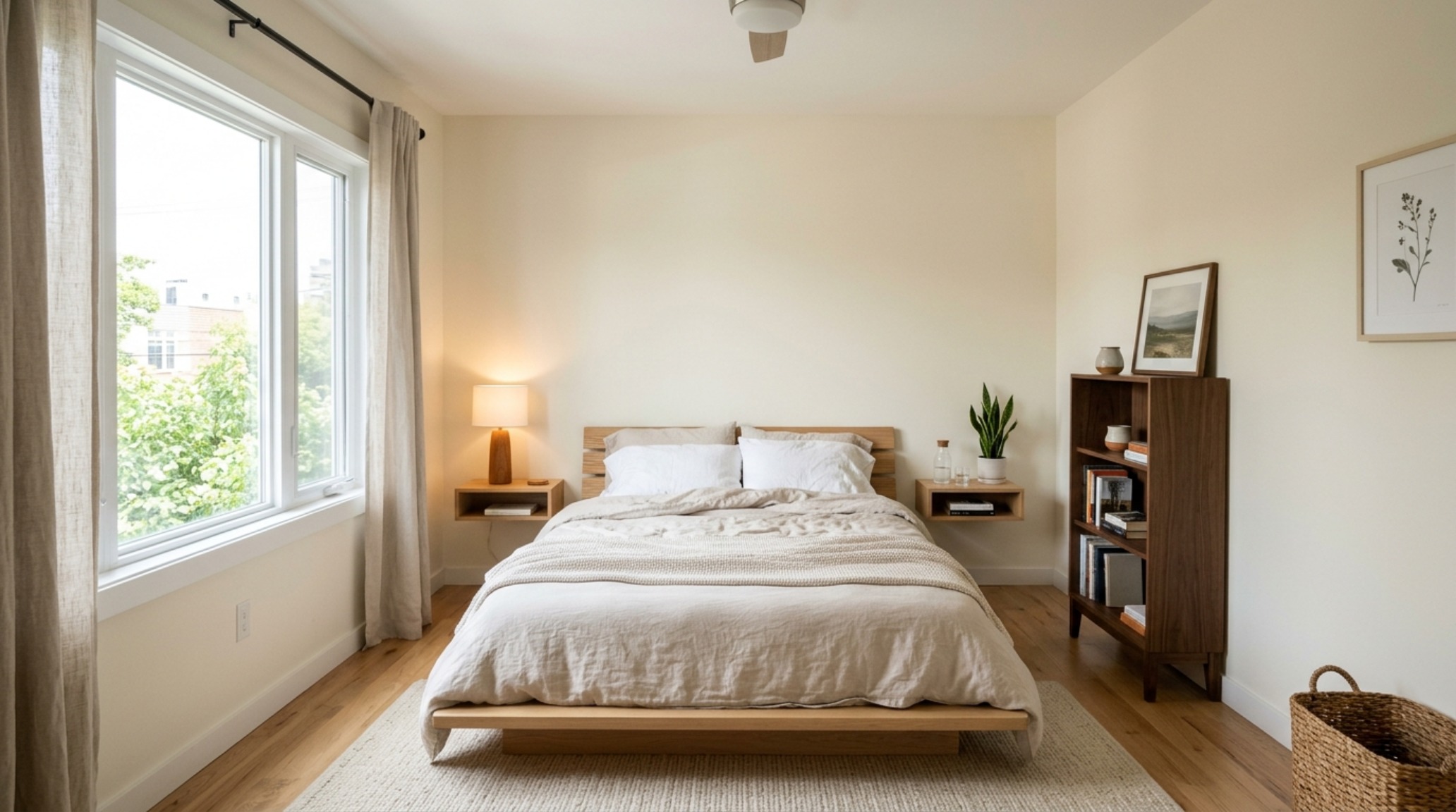 small bedroom layout ideas utilizing a 36-inch primary circulation path and a low-profile platform bed in a bright, sun-drenched urban apartment small bedroom layout ideas utilizing a 36-inch primary circulation path and a low-profile platform bed in a bright, sun-drenched urban apartment