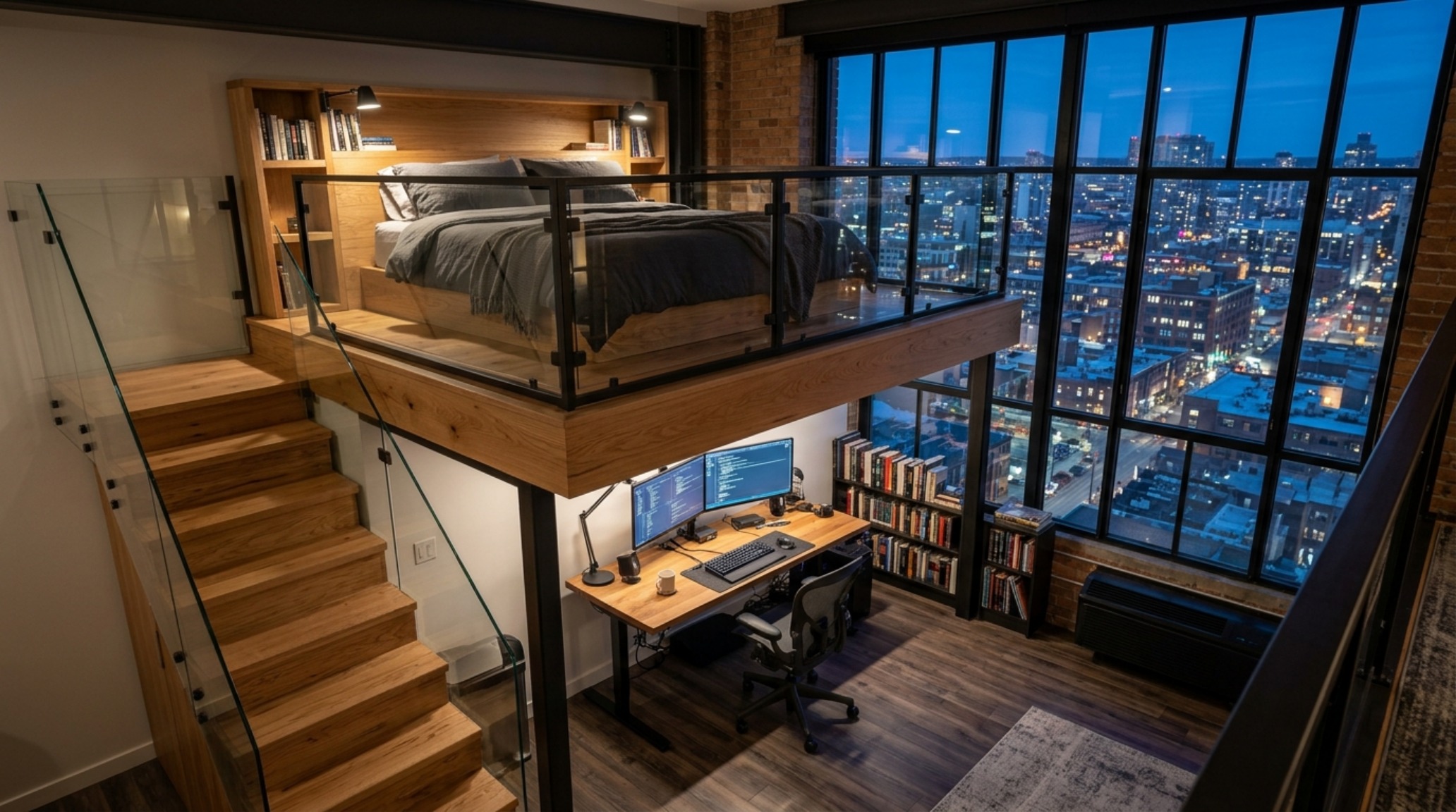 elevated sleeping platform designs crafted from blackened steel and wire-brushed oak with a home office tucked underneath in a high-ceiling loft elevated sleeping platform designs crafted from blackened steel and wire-brushed oak with a home office tucked underneath in a high-ceiling loft