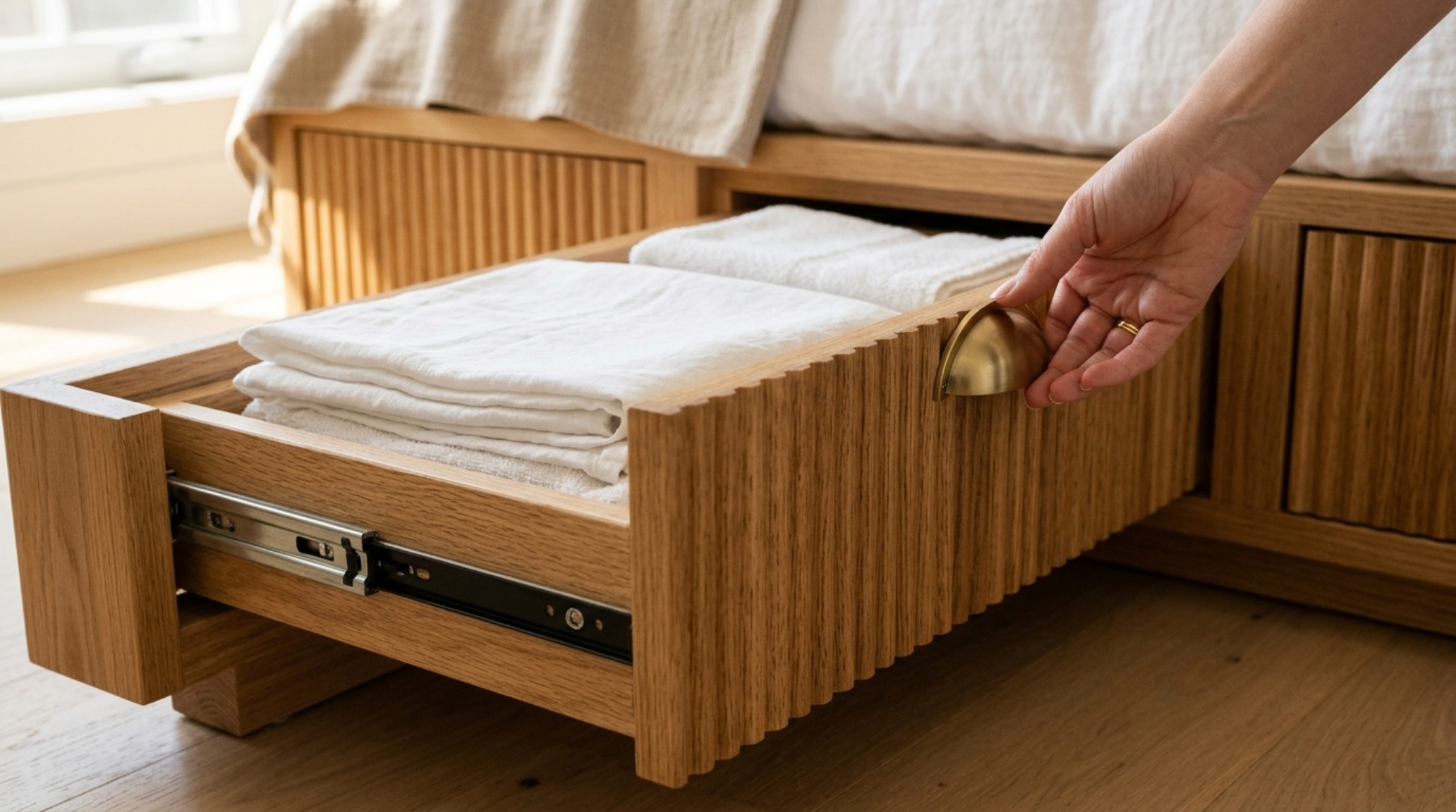 built-in storage bed frames featuring deep, fluted oak drawers with integrated finger pulls for a seamless architectural look built-in storage bed frames featuring deep, fluted oak drawers with integrated finger pulls for a seamless architectural look