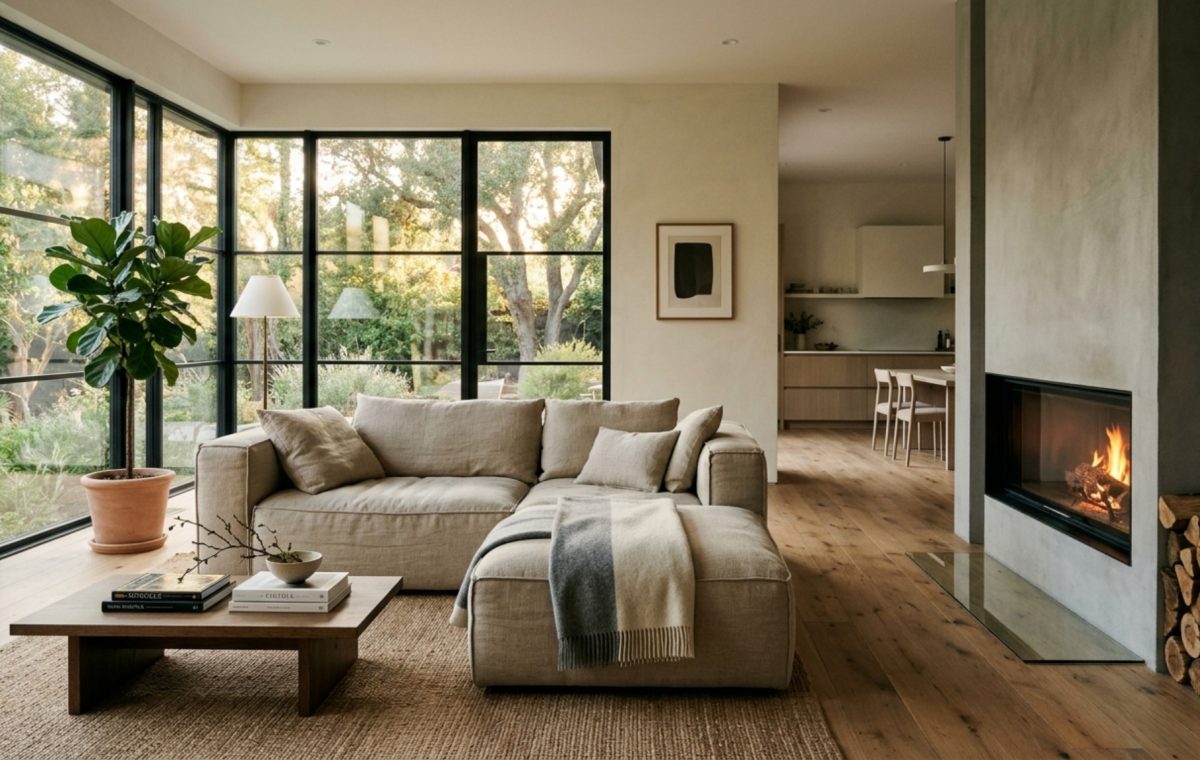Modern house layout rules applied to an open-plan living area with 36-inch walkways and zoned seating using a large wool rug.