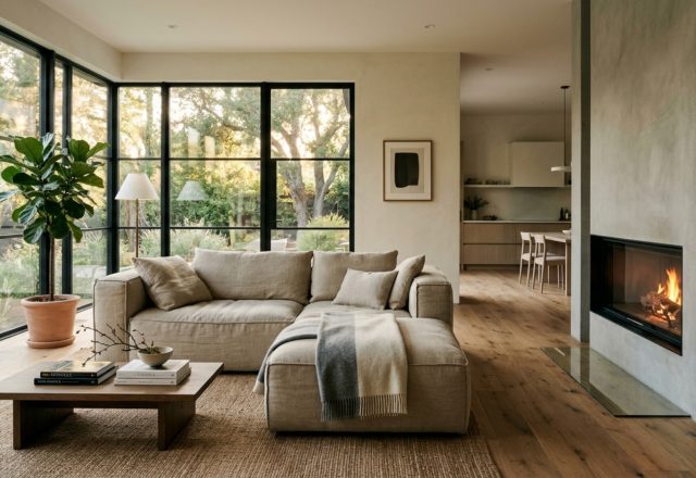 Modern house layout rules applied to an open-plan living area with 36-inch walkways and zoned seating using a large wool rug.