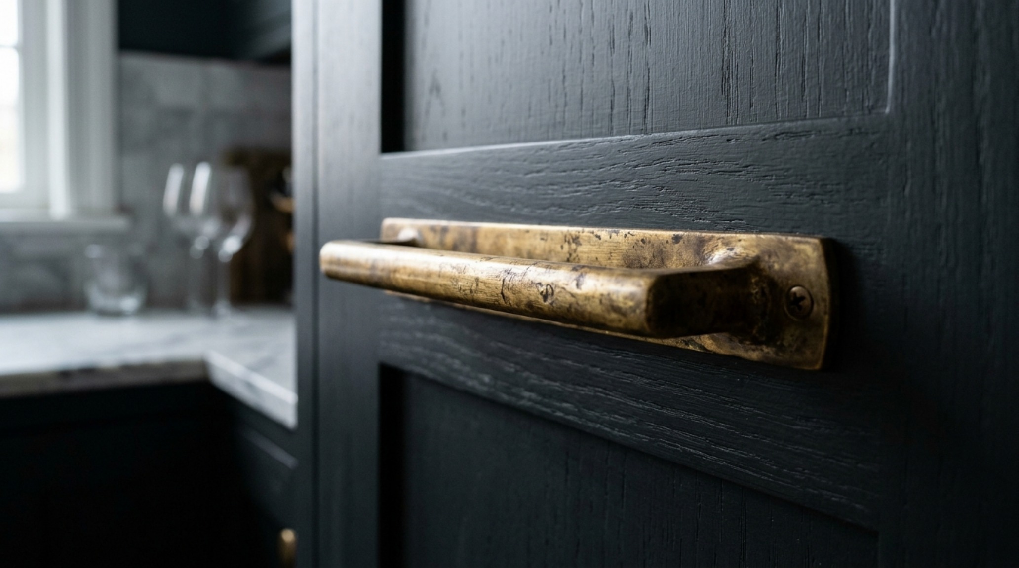 Trending aesthetic home blogs detail shot of aged unlacquered brass hardware against deep charcoal cabinetry in a high-performance kitchen. Trending aesthetic home blogs detail shot of aged unlacquered brass hardware against deep charcoal cabinetry in a high-performance kitchen.