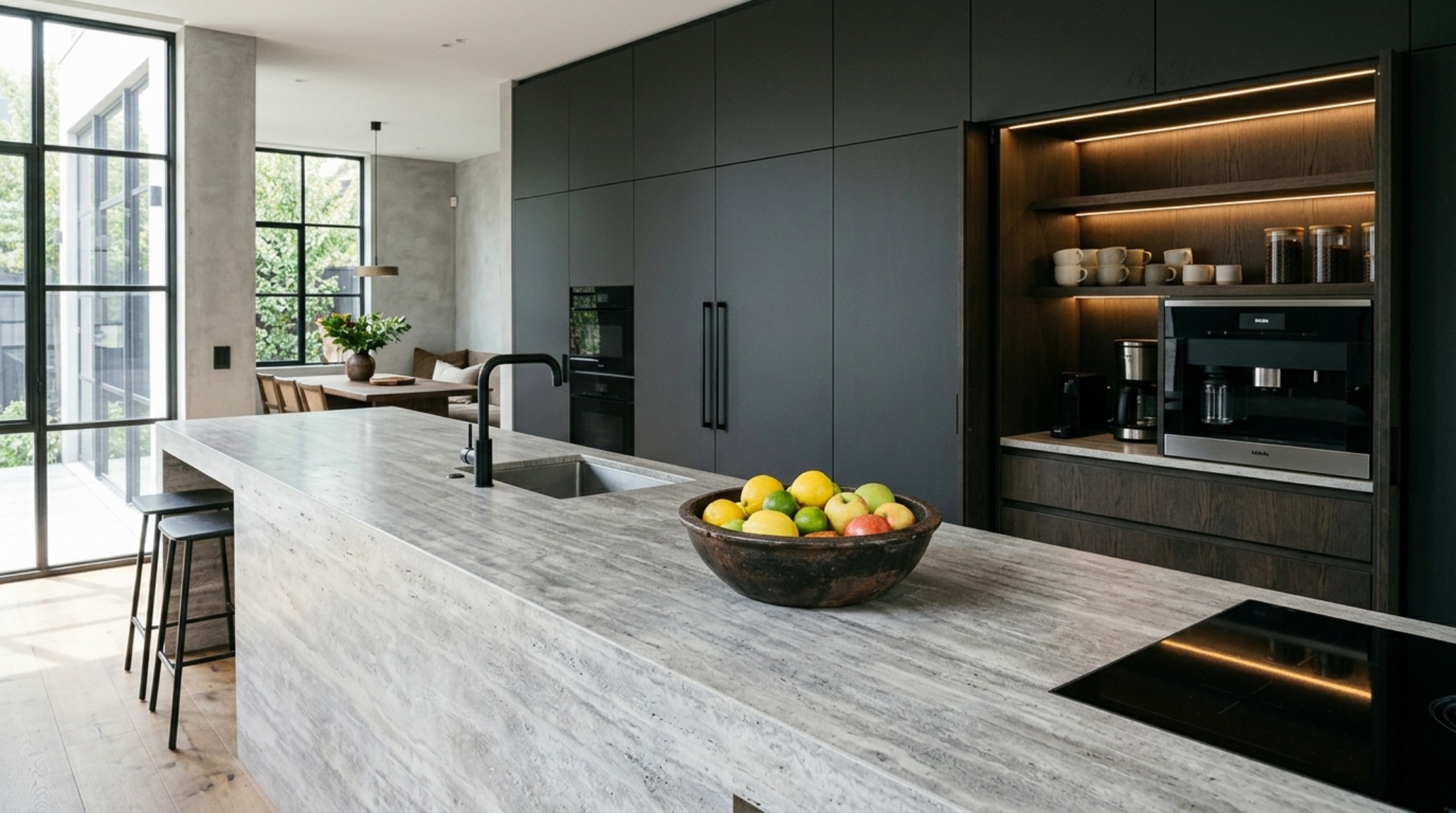 Trending aesthetic home blogs inspiration with a minimalist kitchen featuring honed silver travertine countertops and stealth pantry storage. Trending aesthetic home blogs inspiration with a minimalist kitchen featuring honed silver travertine countertops and stealth pantry storage.