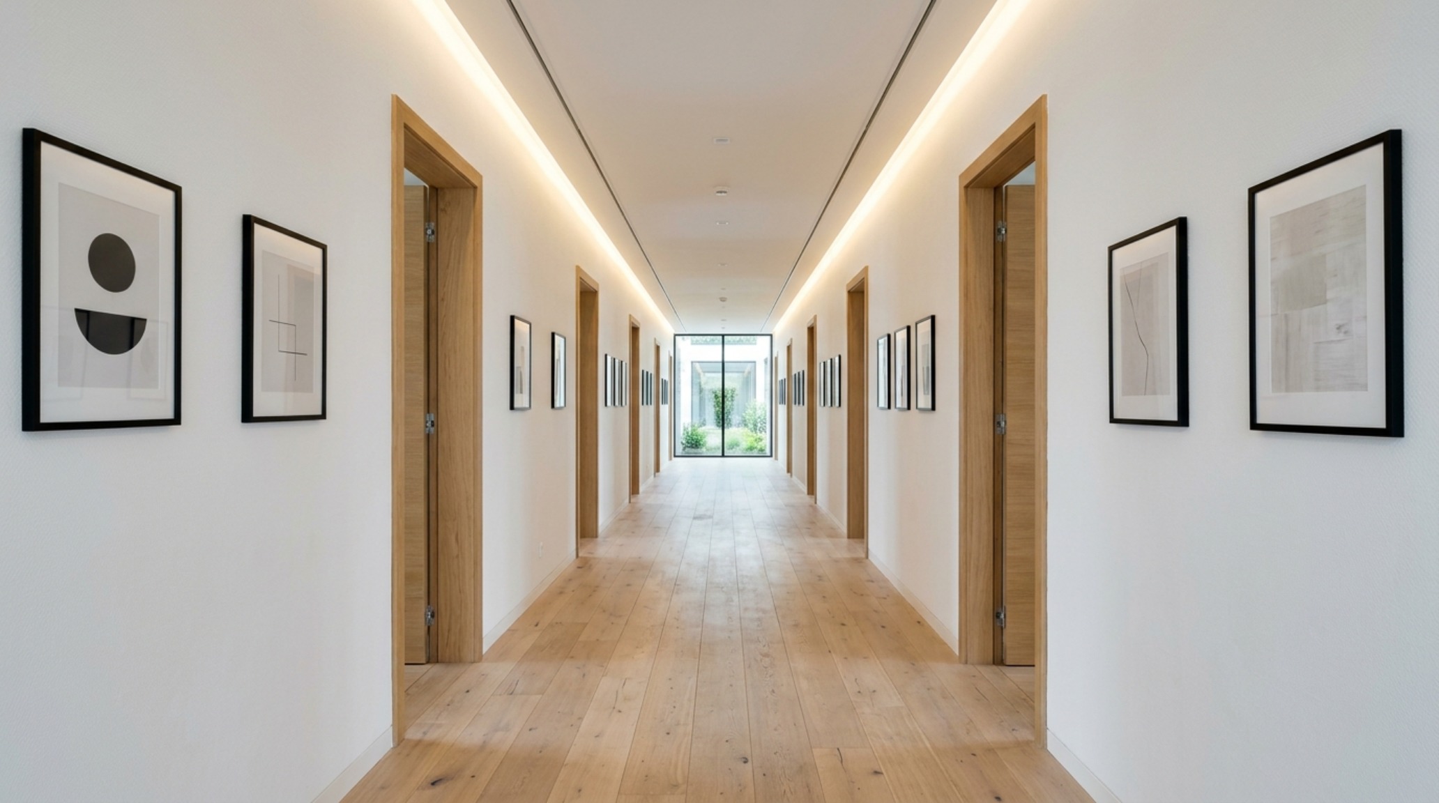 Modern house layout rules visualized in a transitional hallway with aligned door headers and recessed linear LED lighting. Modern house layout rules visualized in a transitional hallway with aligned door headers and recessed linear LED lighting.