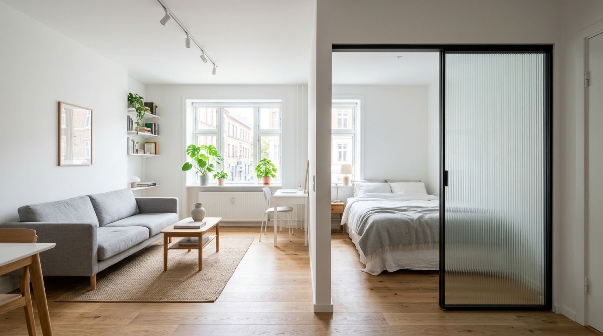 Small space architectural solutions in a compact studio apartment using pocket doors and a monochromatic color palette to maximize volume. Small space architectural solutions in a compact studio apartment using pocket doors and a monochromatic color palette to maximize volume.
