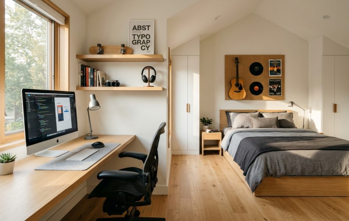 functional sleep-study-hobby zones featuring a custom floating desk in fluted white oak with integrated tech management and ergonomic 36-inch clearance