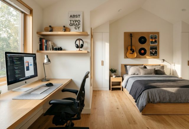 functional sleep-study-hobby zones featuring a custom floating desk in fluted white oak with integrated tech management and ergonomic 36-inch clearance