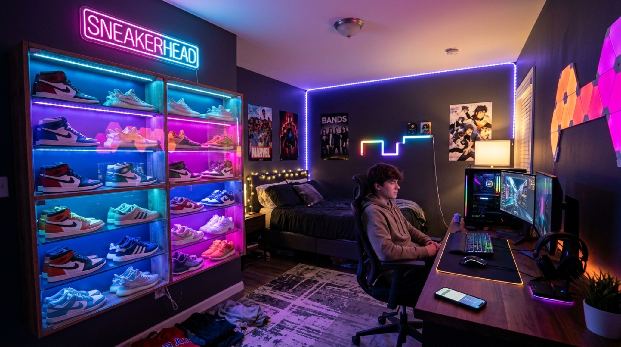 smart lighting for teen sanctuaries with adjustable RGBIC accents that highlight a curated collection of sneaker art and collectibles