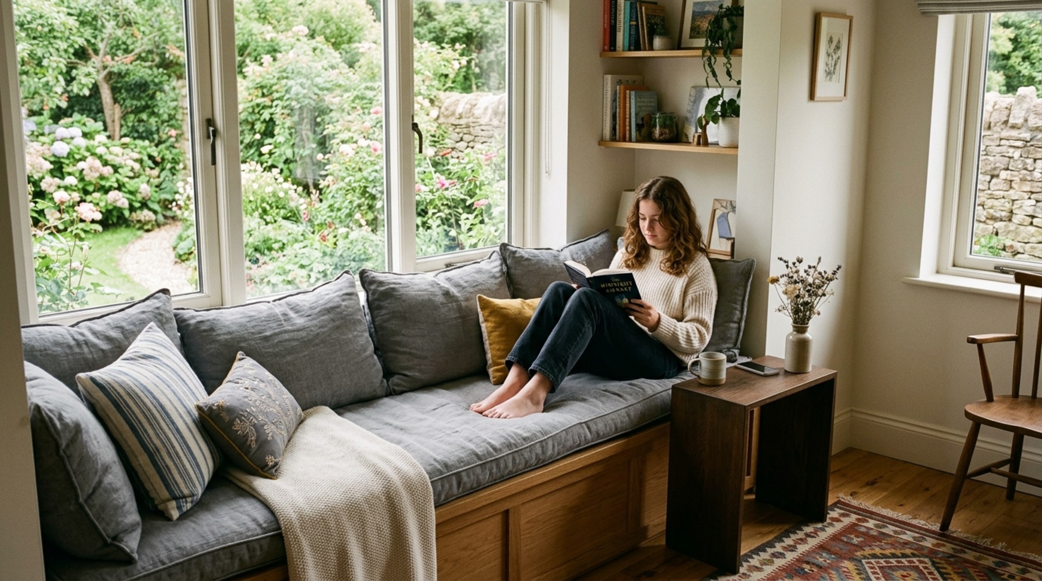 bespoke adolescent interior design featuring a custom window seat with 18-inch reach to a floating side table for reading