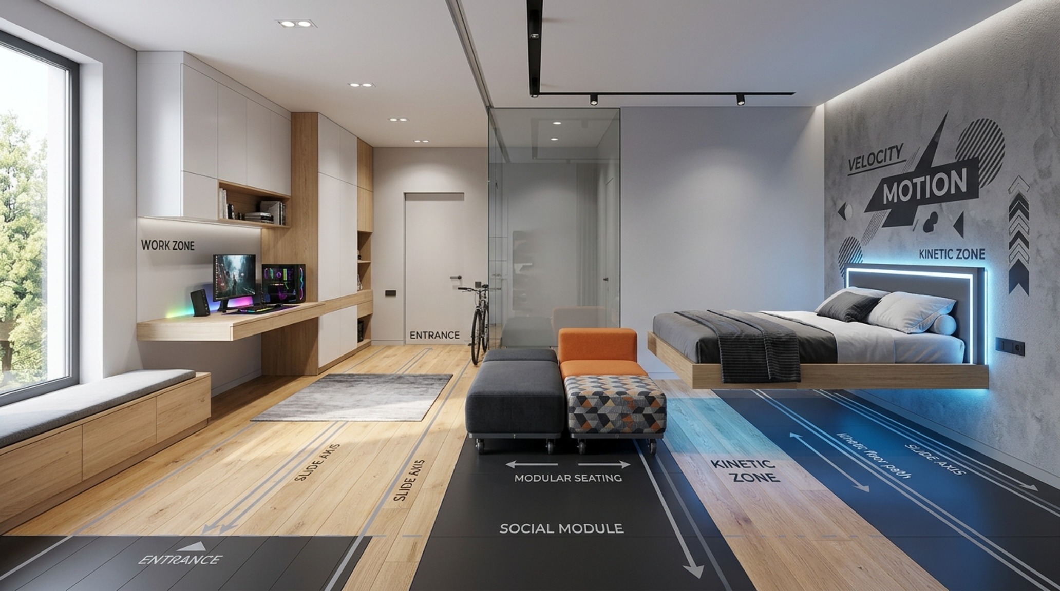 themed teenage bedrooms reimagined with a kinetic layout that allows furniture to be reconfigured for social gatherings