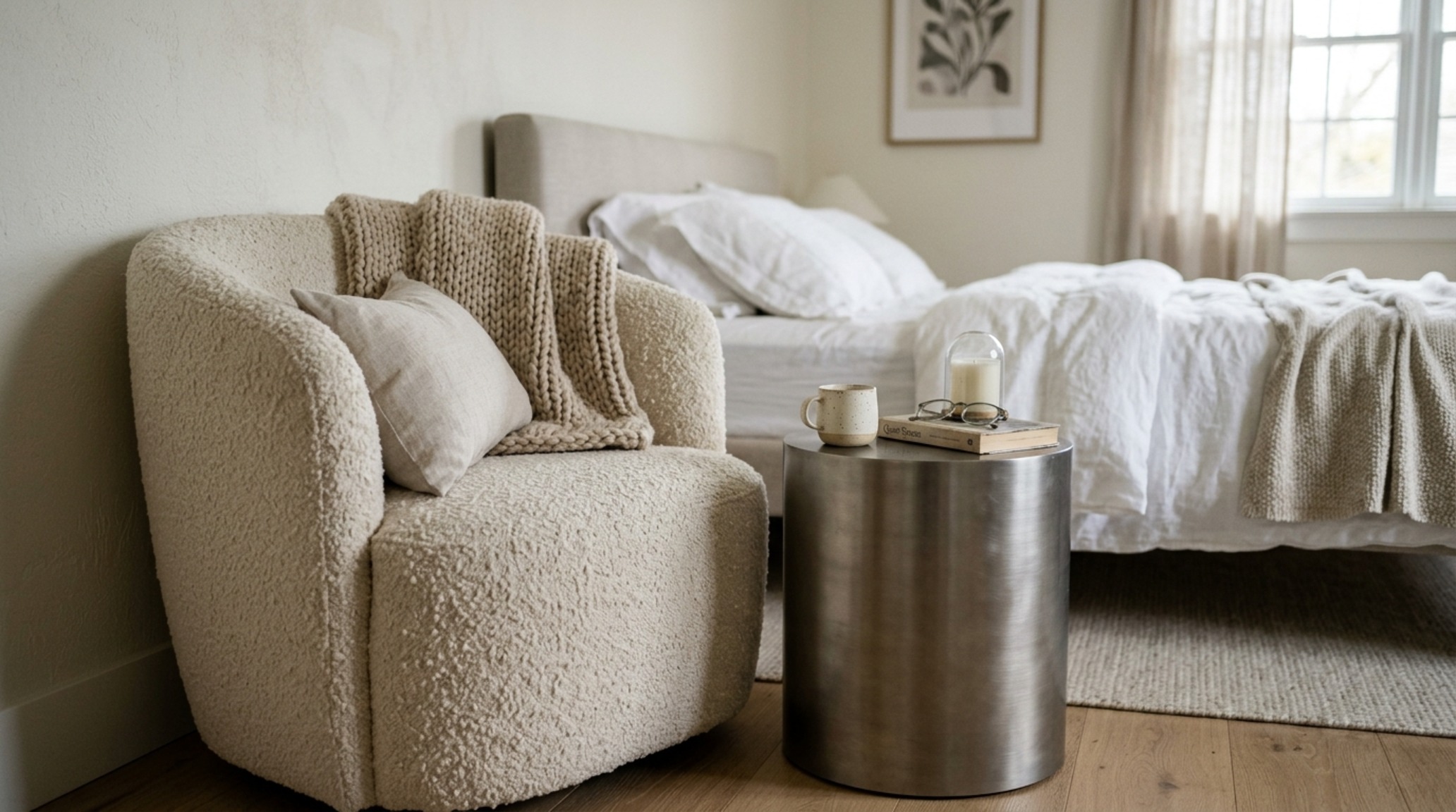 neutral foundation bedroom design with high-quality tactile textures like wool boucle and brushed steel for a timeless high-performance space
