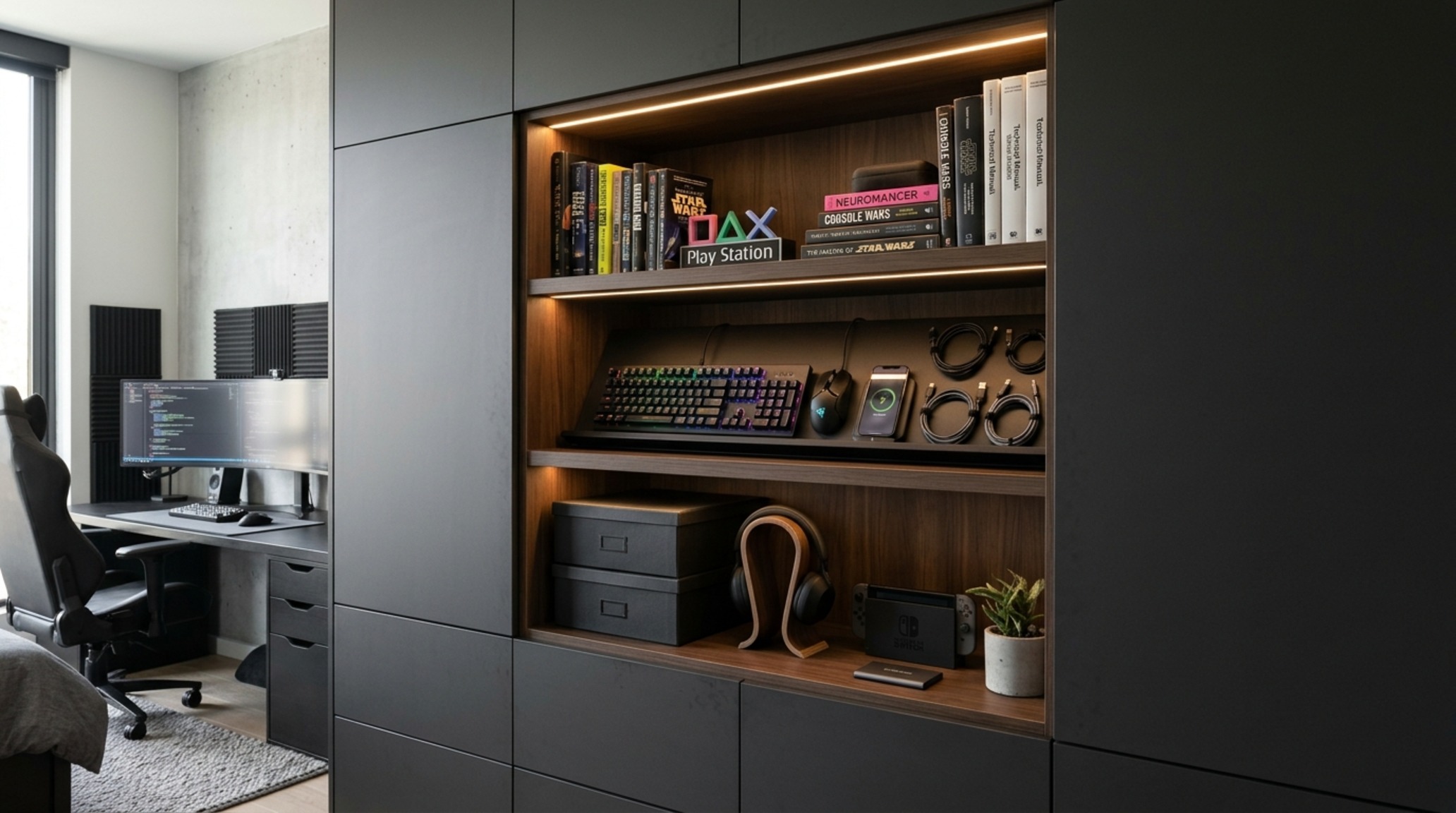 high-performance storage cabinetry with push-to-open matte charcoal doors and recessed LED strip lighting for a clean architectural aesthetic