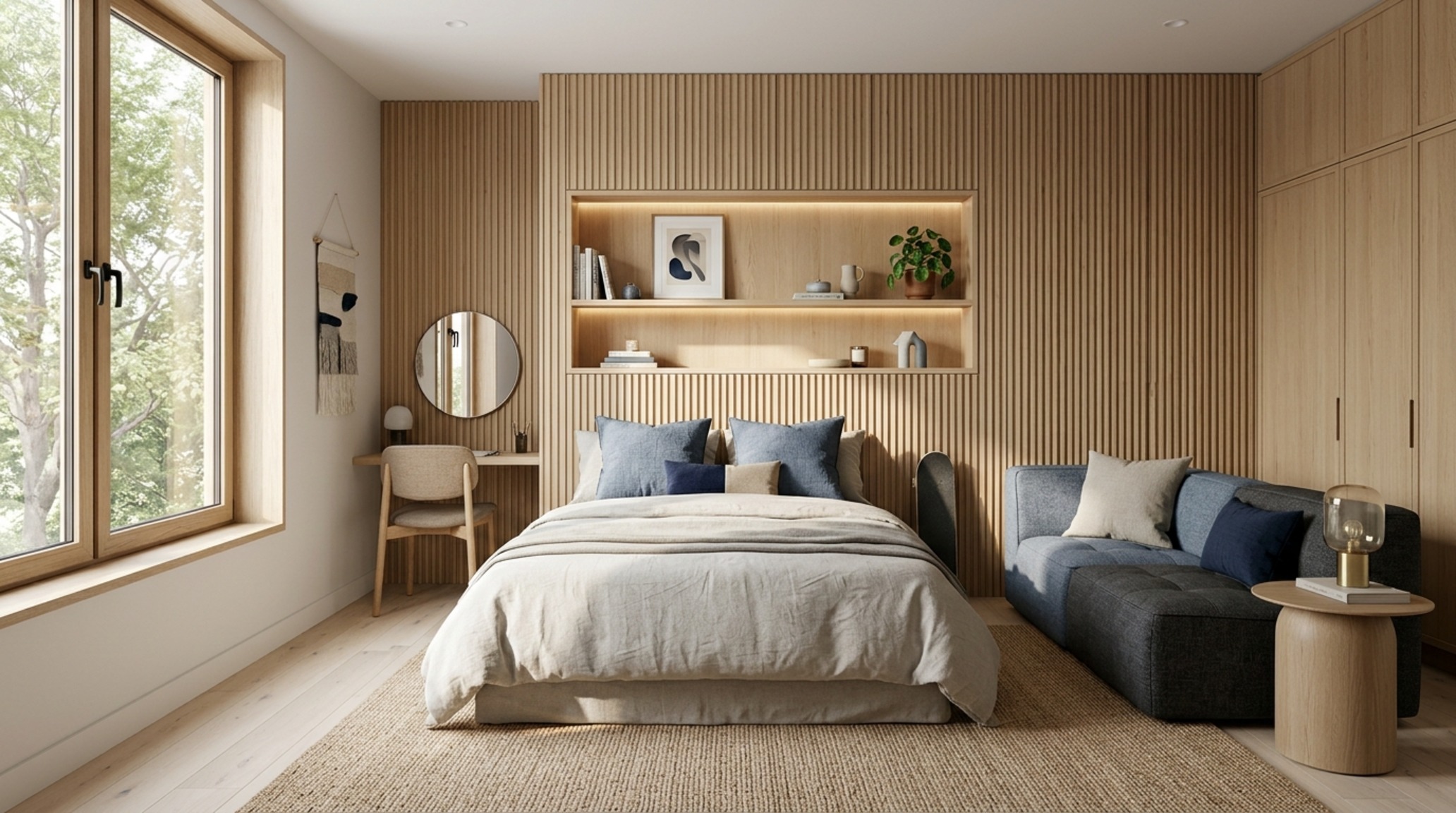 bespoke adolescent interior design integrating a neutral foundation bedroom design with bold slate blue accents and modular lounge seating