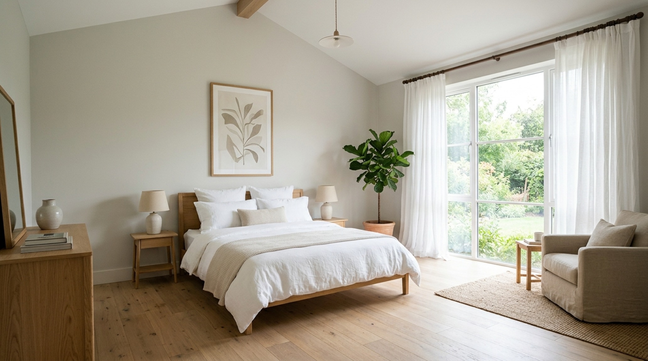 neutral foundation bedroom design using Farrow and Ball Ammonite walls to create a calm backdrop for a modern themed teenage bedroom