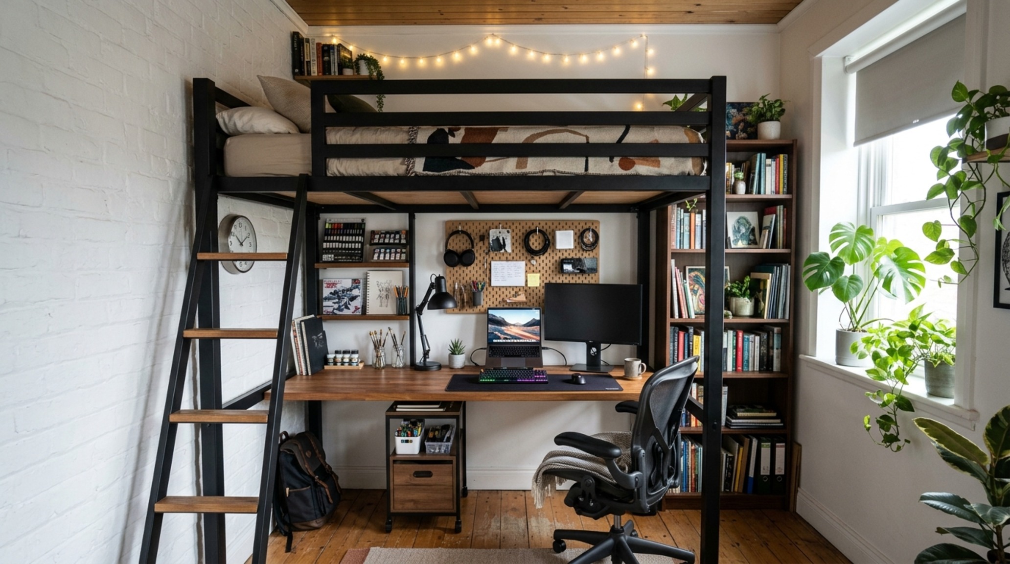functional sleep-study-hobby zones with a lofted bed structure to maximize floor plane for gaming and creative projects