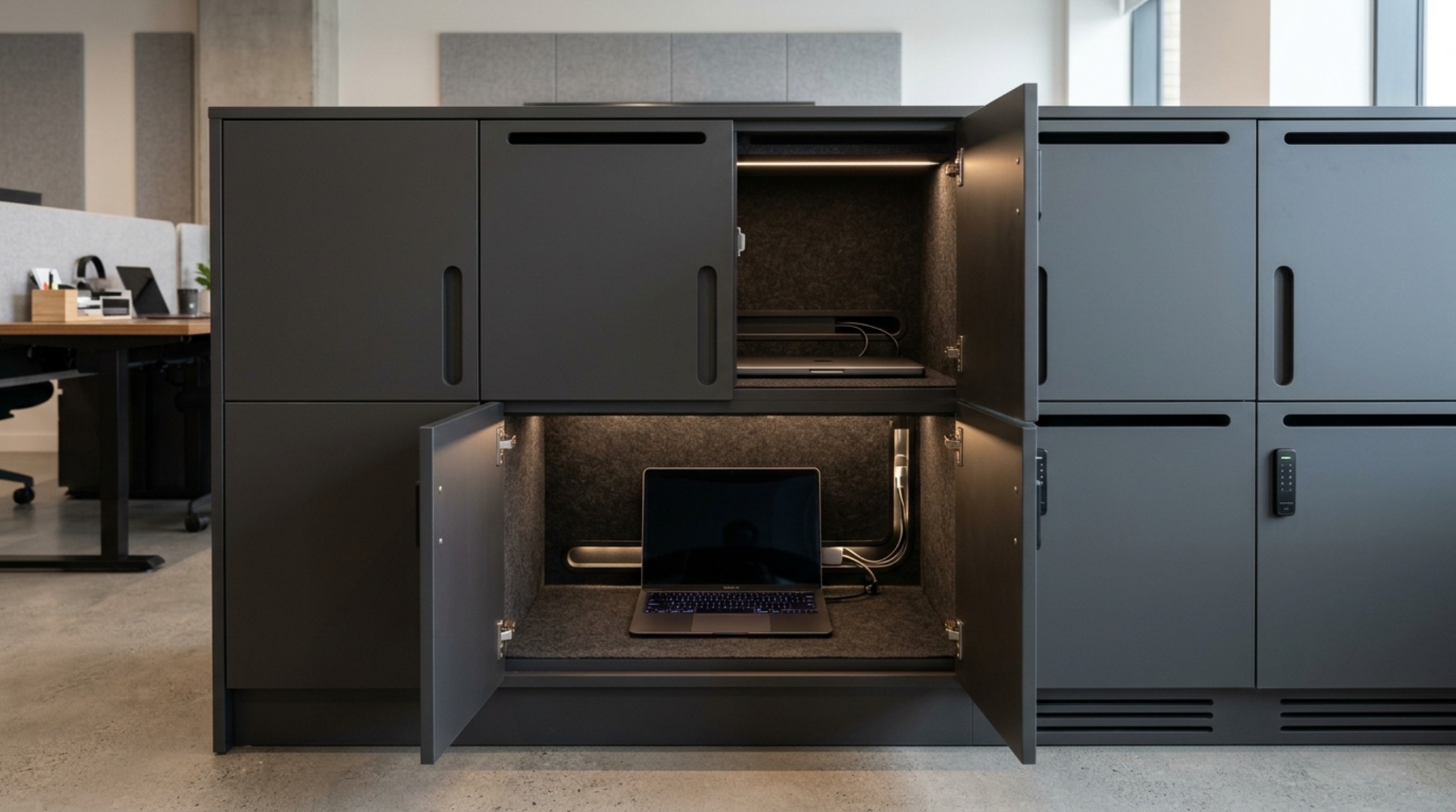 high-performance storage cabinetry featuring dedicated lockers for 15-inch laptops and concealed charging stations within bespoke millwork