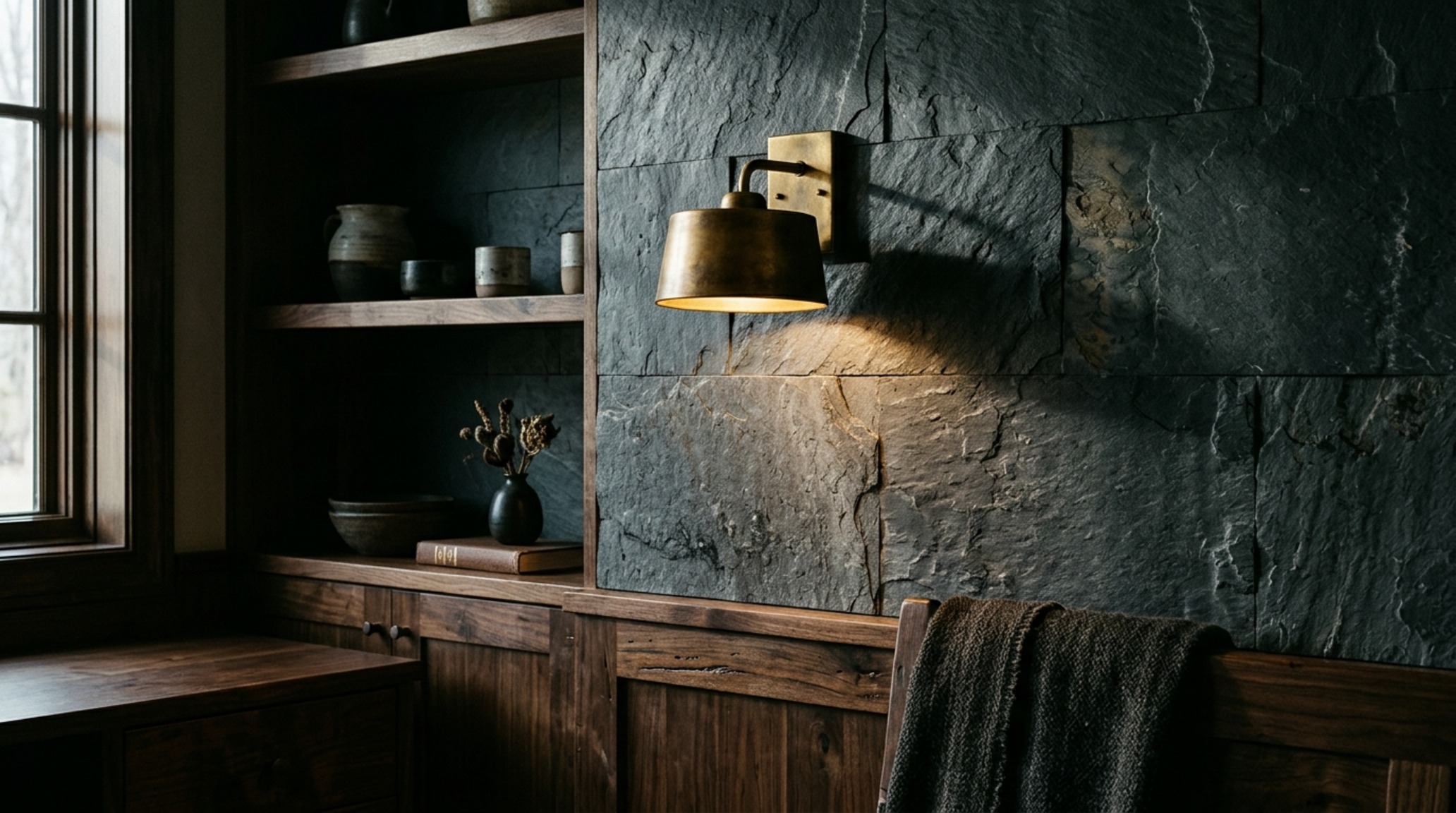 artisanal room materiality including a honed slate accent wall and matte brass hardware in a luxury adolescent suite