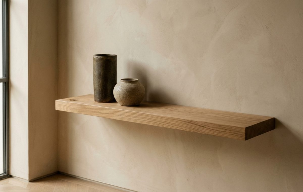 modern design on a budget featuring a curated vignette of tactile ceramics on a floating riftsawn oak shelf with warm lime plaster walls