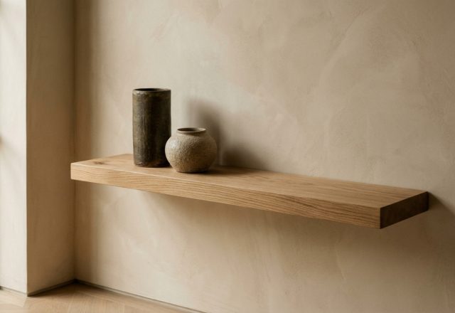 modern design on a budget featuring a curated vignette of tactile ceramics on a floating riftsawn oak shelf with warm lime plaster walls