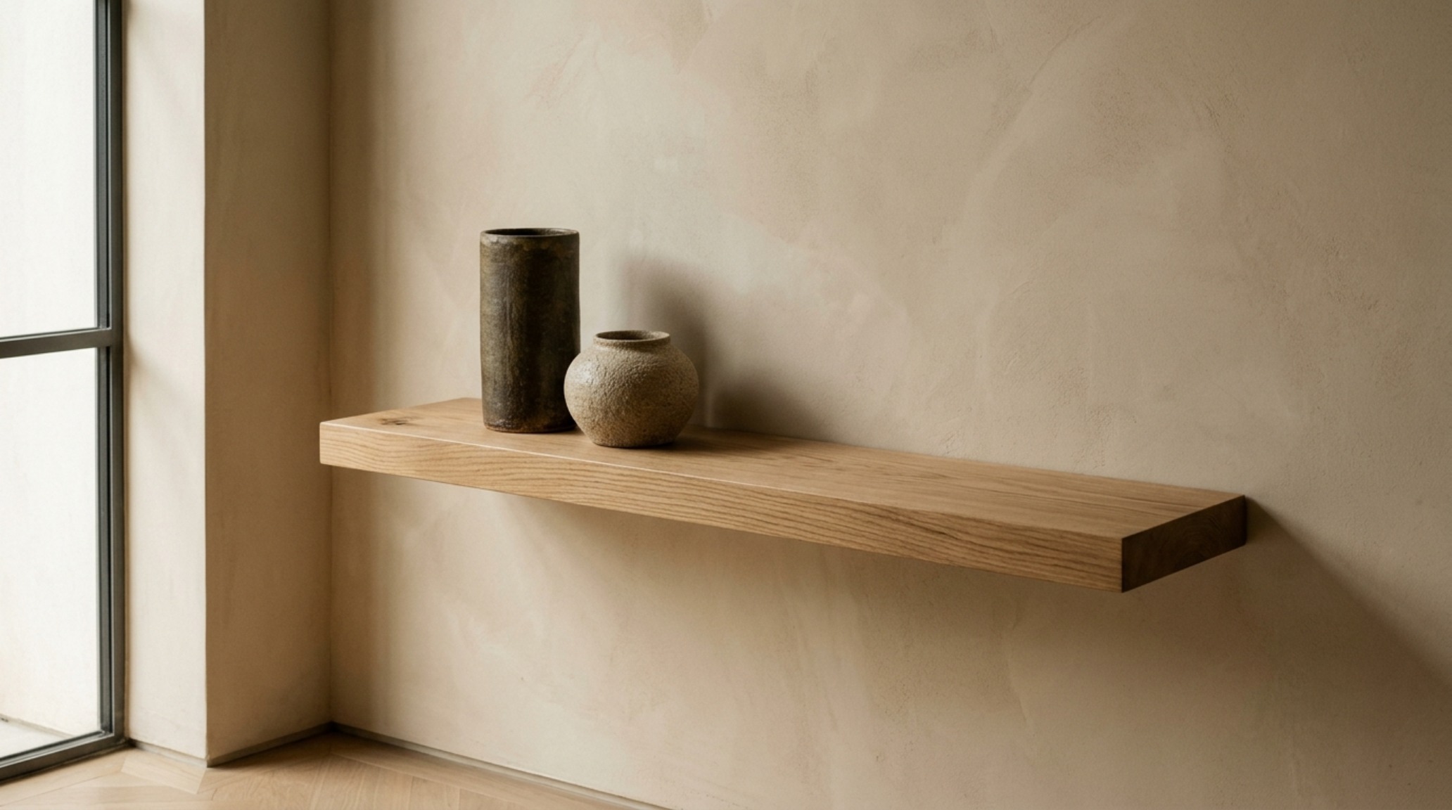 modern design on a budget featuring a curated vignette of tactile ceramics on a floating riftsawn oak shelf with warm lime plaster walls modern design on a budget featuring a curated vignette of tactile ceramics on a floating riftsawn oak shelf with warm lime plaster walls